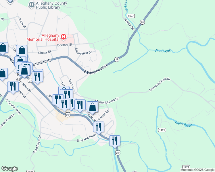 map of restaurants, bars, coffee shops, grocery stores, and more near 685 Memorial Park Drive in Sparta