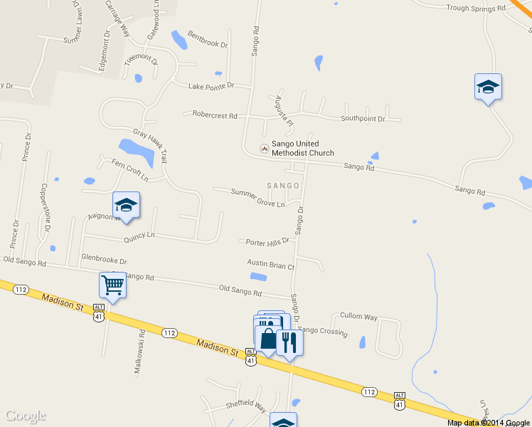 map of restaurants, bars, coffee shops, grocery stores, and more near 300 Sango Drive in Clarksville