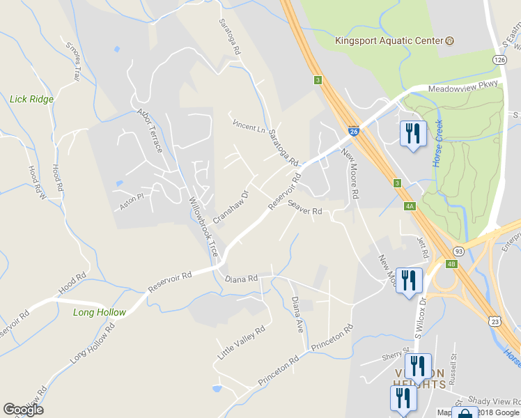 map of restaurants, bars, coffee shops, grocery stores, and more near 2308 Reservoir Road in Kingsport