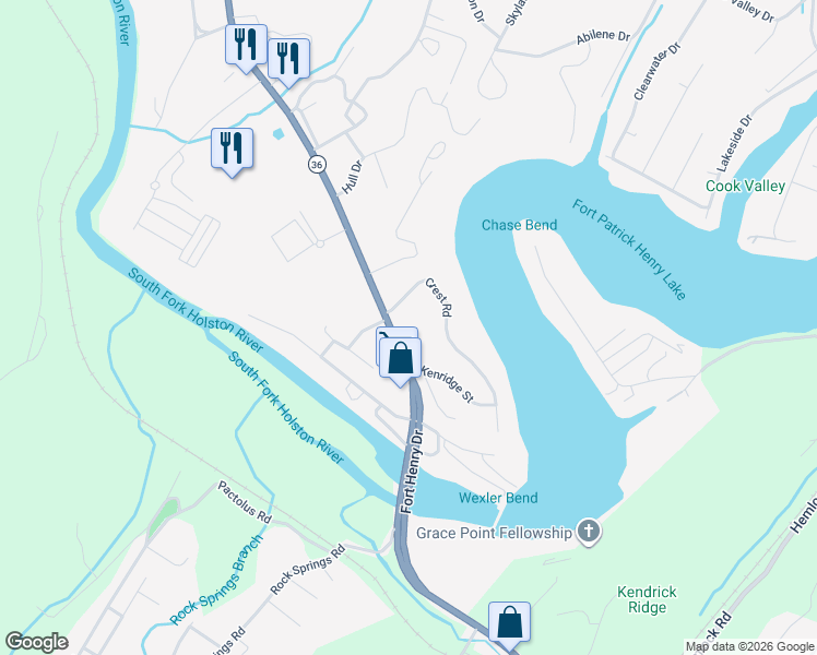 map of restaurants, bars, coffee shops, grocery stores, and more near 3521 Fort Henry Drive in Kingsport