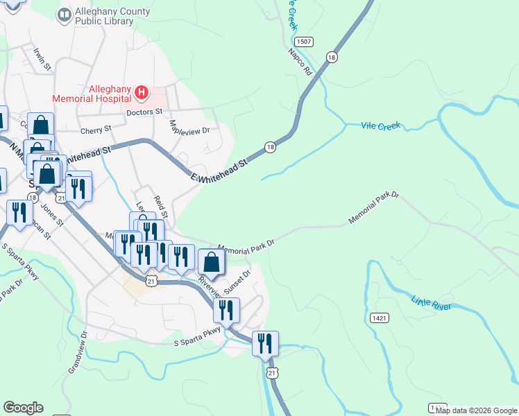 map of restaurants, bars, coffee shops, grocery stores, and more near 685 Memorial Park Drive in Sparta