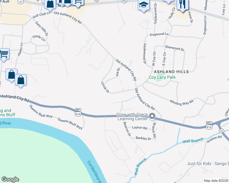 map of restaurants, bars, coffee shops, grocery stores, and more near 443 Circle Drive in Clarksville