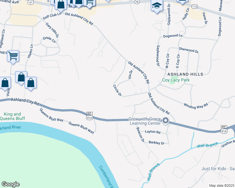 map of restaurants, bars, coffee shops, grocery stores, and more near 434 Circle Drive in Clarksville
