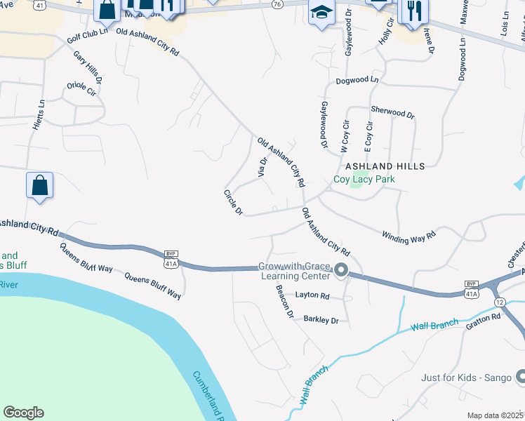 map of restaurants, bars, coffee shops, grocery stores, and more near 447 Circle Drive in Clarksville