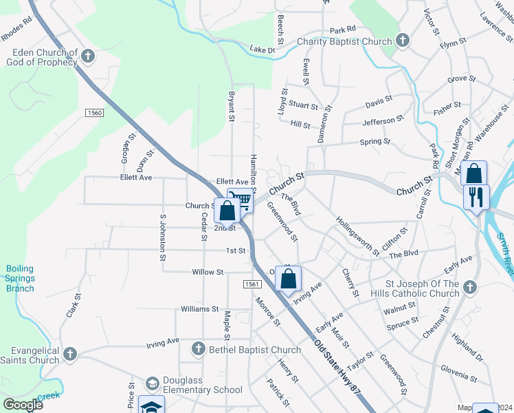 map of restaurants, bars, coffee shops, grocery stores, and more near 812 Church Street in Eden