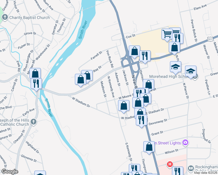 map of restaurants, bars, coffee shops, grocery stores, and more near 212 North Kennedy Street in Eden