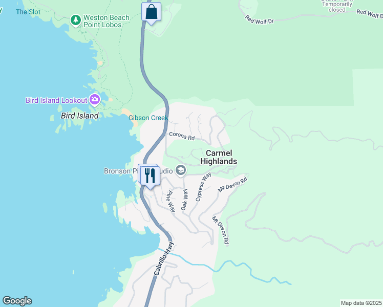 map of restaurants, bars, coffee shops, grocery stores, and more near 72 Fern Canyon Road in Carmel-by-the-Sea