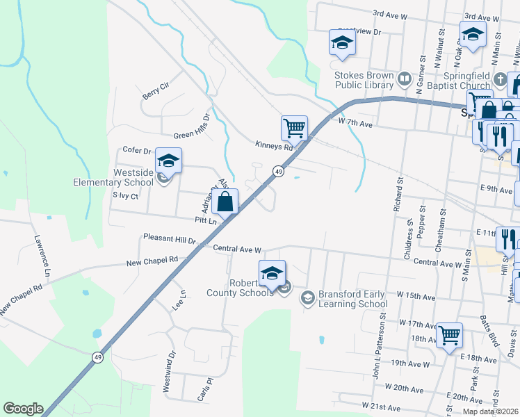 map of restaurants, bars, coffee shops, grocery stores, and more near 118 Westside Circle in Springfield