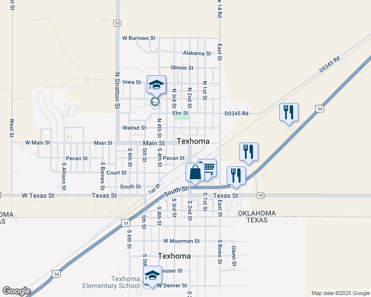 map of restaurants, bars, coffee shops, grocery stores, and more near 108 South 2nd Street in Texhoma