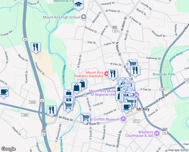 map of restaurants, bars, coffee shops, grocery stores, and more near 105 Arlington Heights Lane in Mount Airy