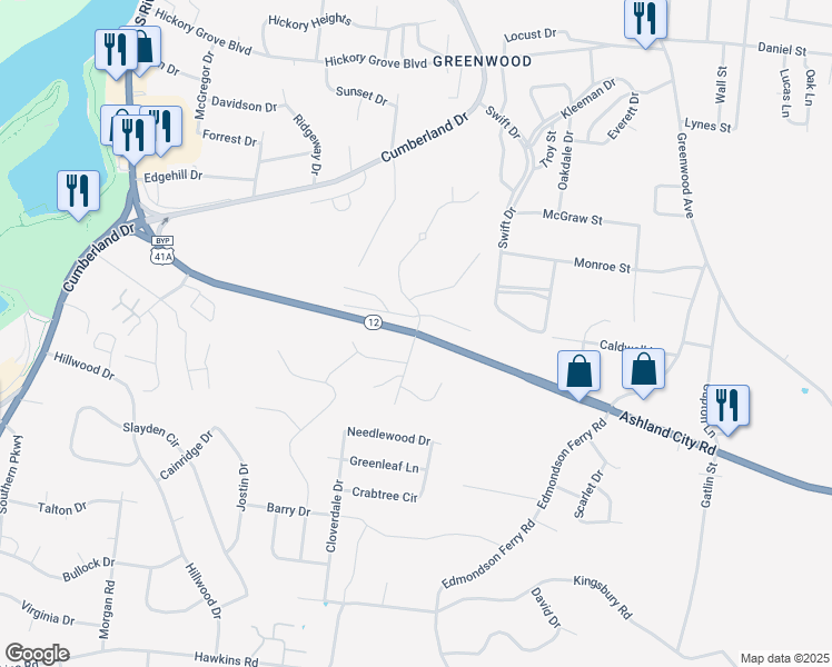 map of restaurants, bars, coffee shops, grocery stores, and more near 1300 Ashland City Road in Clarksville