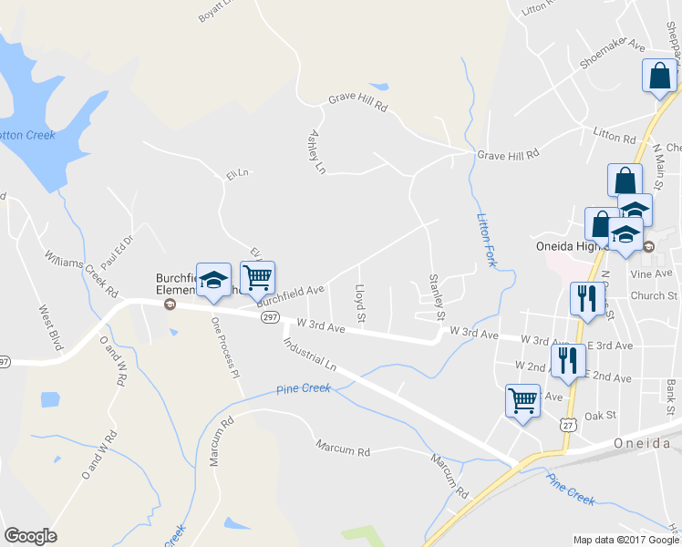 map of restaurants, bars, coffee shops, grocery stores, and more near 317 Burchfield Avenue in Oneida