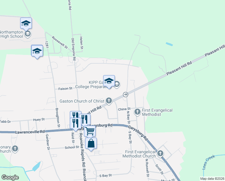 map of restaurants, bars, coffee shops, grocery stores, and more near 320 Pleasant Hill Road in Gaston