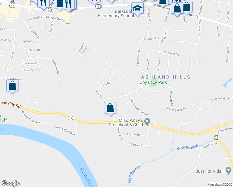 map of restaurants, bars, coffee shops, grocery stores, and more near 460 Circle Drive in Clarksville