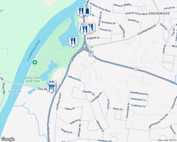 map of restaurants, bars, coffee shops, grocery stores, and more near 1104 Plymouth Road in Clarksville