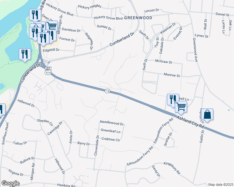 map of restaurants, bars, coffee shops, grocery stores, and more near 1299 Ashland City Road in Clarksville