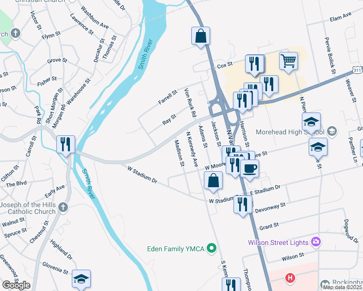 map of restaurants, bars, coffee shops, grocery stores, and more near 219 Madison Street in Eden
