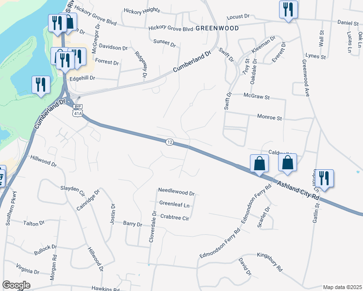 map of restaurants, bars, coffee shops, grocery stores, and more near 1295 Ashland City Road in Clarksville