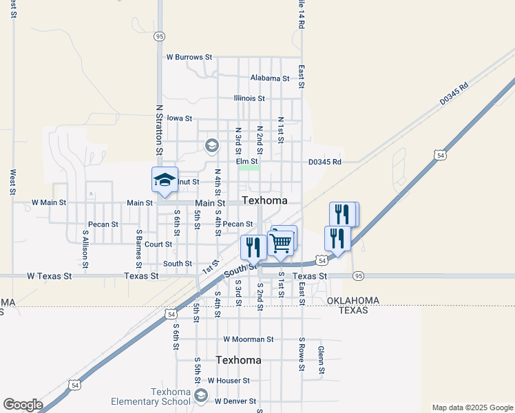 map of restaurants, bars, coffee shops, grocery stores, and more near 108 South 2nd Street in Texhoma
