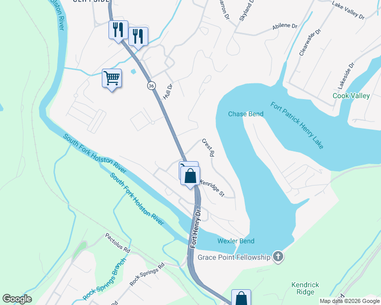 map of restaurants, bars, coffee shops, grocery stores, and more near 3521 Fort Henry Drive in Kingsport