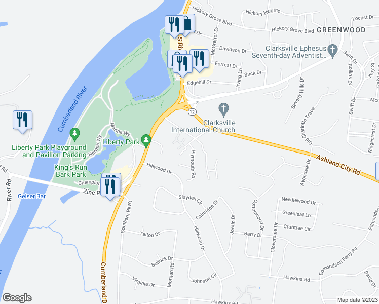 map of restaurants, bars, coffee shops, grocery stores, and more near 185 Nantuckett Drive in Clarksville