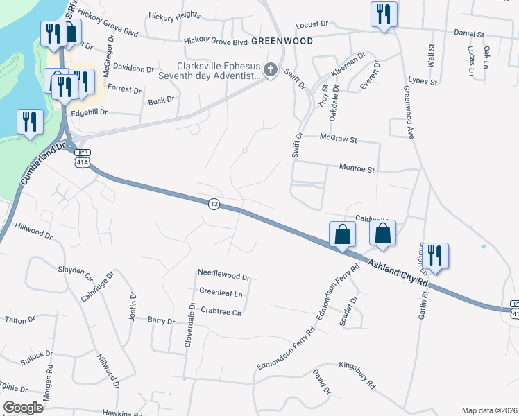 map of restaurants, bars, coffee shops, grocery stores, and more near 1300-1350 Ashland City Road in Clarksville
