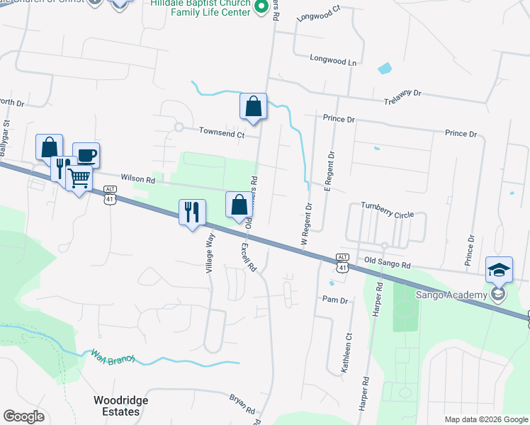 map of restaurants, bars, coffee shops, grocery stores, and more near 164 Lancashire Drive in Clarksville