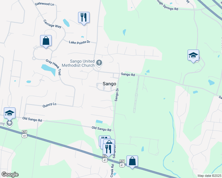 map of restaurants, bars, coffee shops, grocery stores, and more near 300 Sango Drive in Clarksville