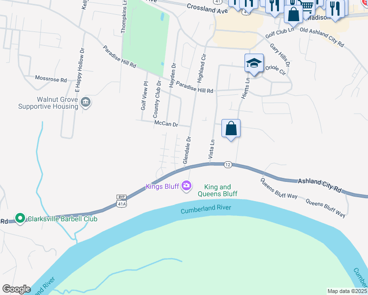 map of restaurants, bars, coffee shops, grocery stores, and more near 829 Glendale Drive in Clarksville