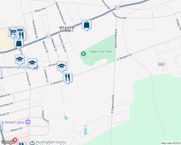 map of restaurants, bars, coffee shops, grocery stores, and more near 609 East Stadium Drive in Eden
