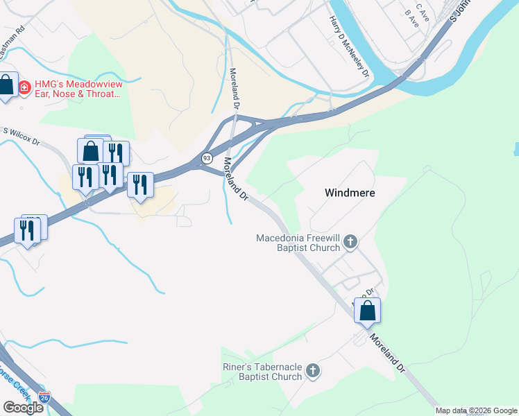 map of restaurants, bars, coffee shops, grocery stores, and more near 691 Moreland Drive in Kingsport