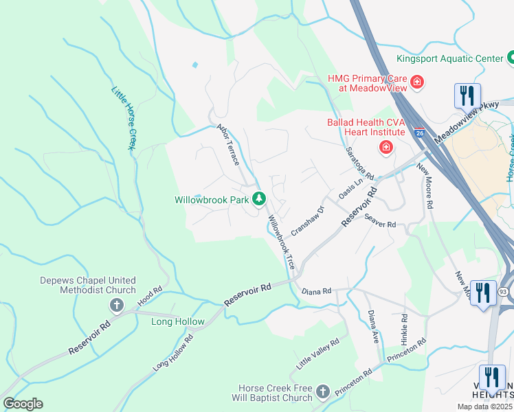 map of restaurants, bars, coffee shops, grocery stores, and more near 222 Willowbend Court in Kingsport