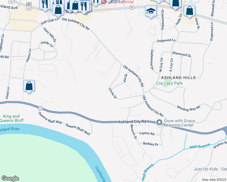 map of restaurants, bars, coffee shops, grocery stores, and more near 421 Circle Drive in Clarksville