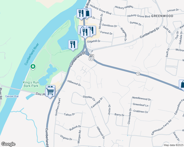 map of restaurants, bars, coffee shops, grocery stores, and more near 1104 Plymouth Road in Clarksville