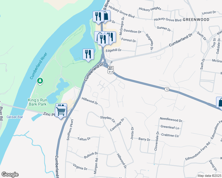 map of restaurants, bars, coffee shops, grocery stores, and more near 1200 Riverwood Place in Clarksville