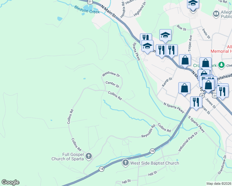 map of restaurants, bars, coffee shops, grocery stores, and more near 31 Center Street in Sparta