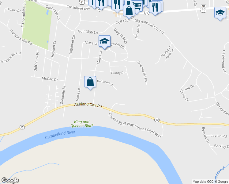 map of restaurants, bars, coffee shops, grocery stores, and more near 1741 Baltimore Drive in Clarksville