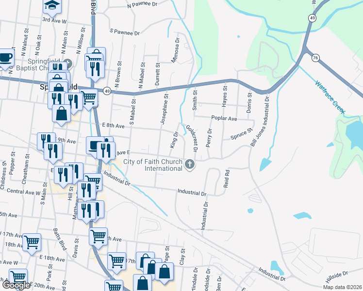 map of restaurants, bars, coffee shops, grocery stores, and more near 801 East 8th Avenue in Springfield