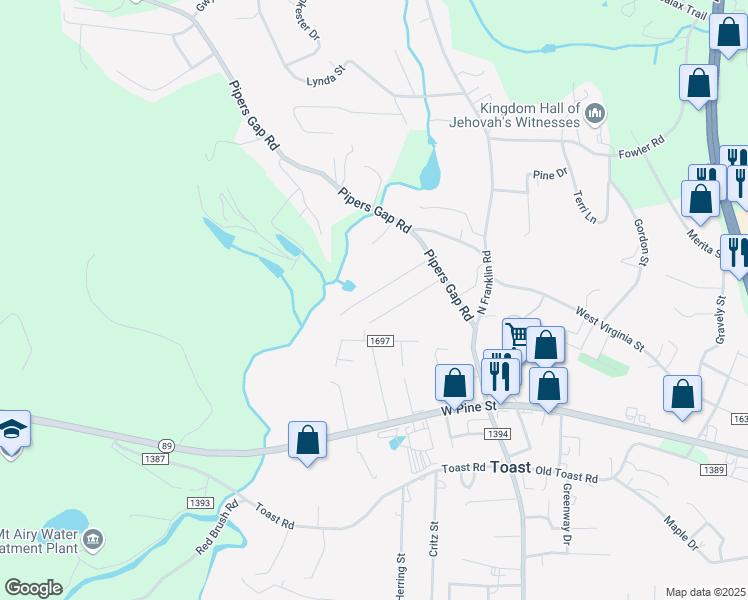 map of restaurants, bars, coffee shops, grocery stores, and more near 183 Booker Street in Mount Airy