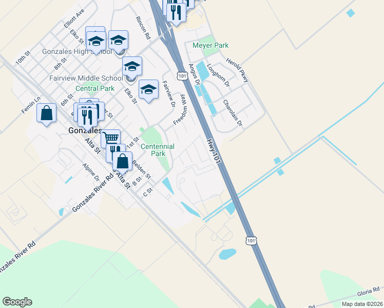 map of restaurants, bars, coffee shops, grocery stores, and more near 405 Venice Way in Gonzales