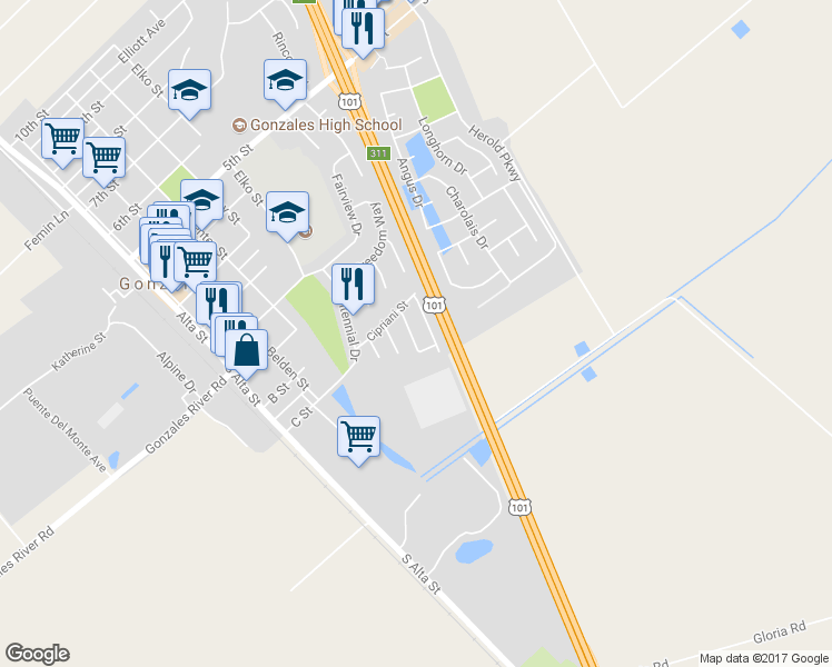 map of restaurants, bars, coffee shops, grocery stores, and more near 420 Venice Way in Gonzales