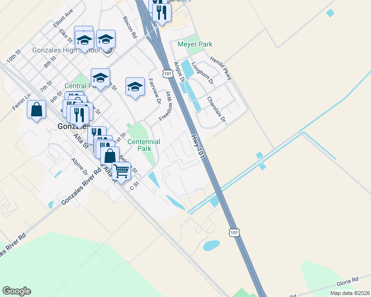 map of restaurants, bars, coffee shops, grocery stores, and more near 420 Venice Way in Gonzales