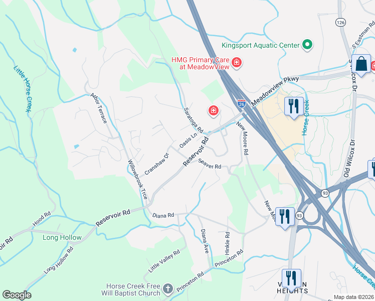 map of restaurants, bars, coffee shops, grocery stores, and more near 2209 Oasis Lane in Kingsport