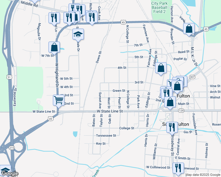 map of restaurants, bars, coffee shops, grocery stores, and more near 601-603 3rd Street in Fulton