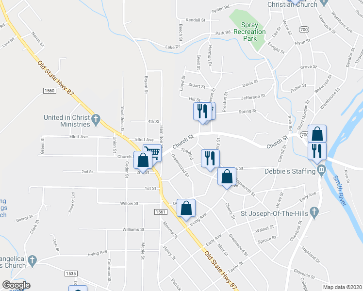 map of restaurants, bars, coffee shops, grocery stores, and more near 742 Church Street in Eden