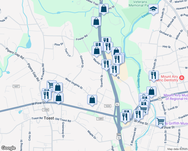 map of restaurants, bars, coffee shops, grocery stores, and more near 143 Barbara Avenue in Mount Airy