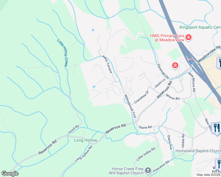 map of restaurants, bars, coffee shops, grocery stores, and more near 118 Willowbrook Drive in Kingsport