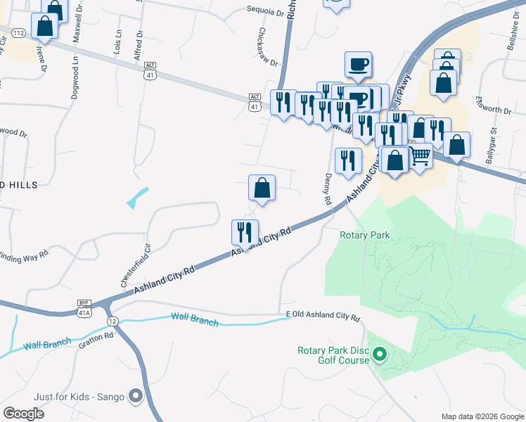 map of restaurants, bars, coffee shops, grocery stores, and more near 141 Kender Rhea Court in Clarksville