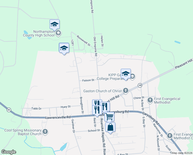 map of restaurants, bars, coffee shops, grocery stores, and more near 100 Ruth Lane in Gaston