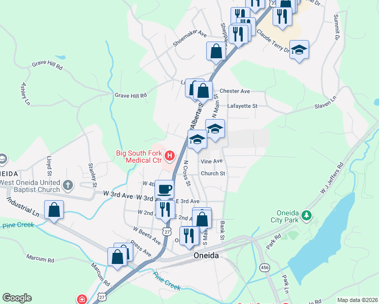 map of restaurants, bars, coffee shops, grocery stores, and more near 18139 Alberta Street in Oneida